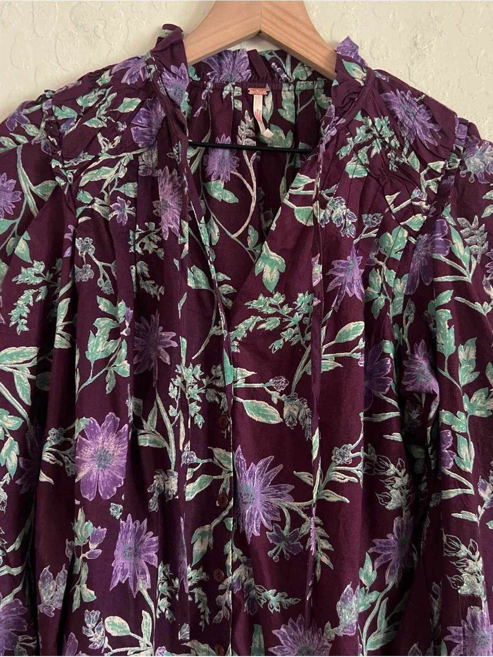 Free People Meant to Be Floral Tie Neck Puff Sleeve Button Front Blouse XS Boho
